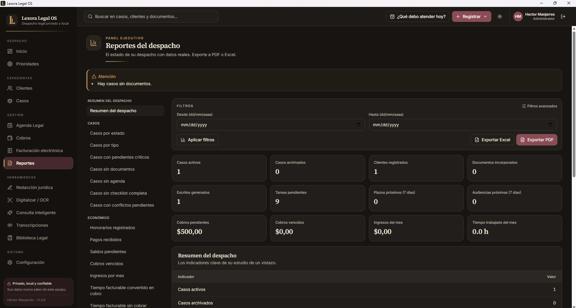 Reportes reales del despacho en Lexora Desktop